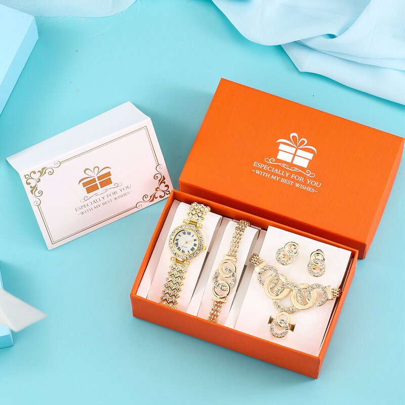 Luxo brilhante feminino relógios de quartzo colar brincos anel caixa presente conjuntos para moda feminina strass pulseira de jóias relógio pulso