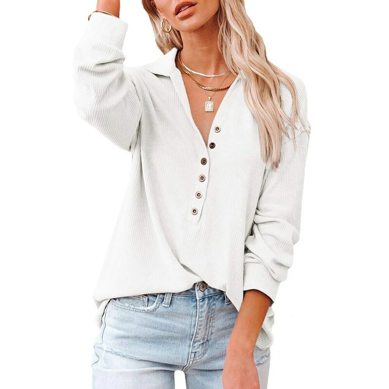 Casual Solid Plus Size Tops Buttoned Long-sleeved T-shirt Women Turn-down Collar Loose Oversized Basic Tees футболка женский