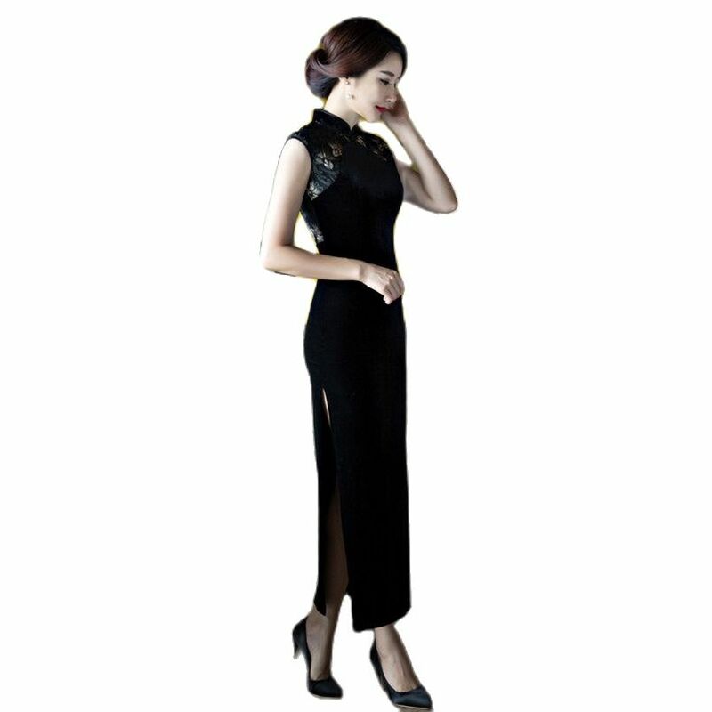 Noble Women Black Lace Cheongsam Dress Elegant Long Hollow Evening Party dress Sexy Sleeveless Velvet Cheongsam Dress