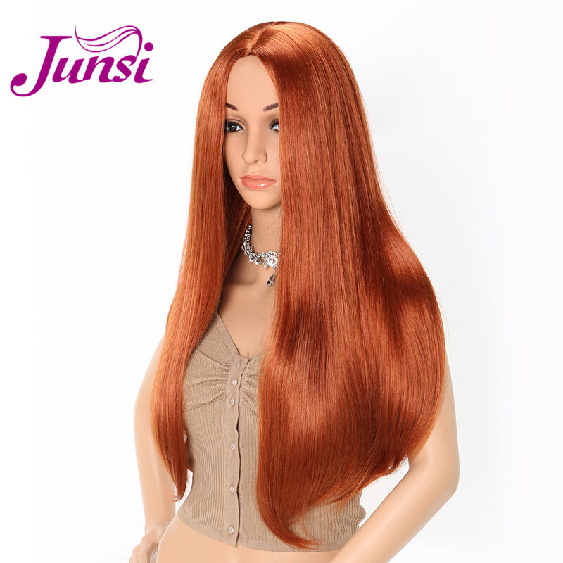 JUNSI HAIR Long Straight Hair Red Wig African American Hairstyle Synthetic Wigs for Woman Black Natural High Temperature Hair