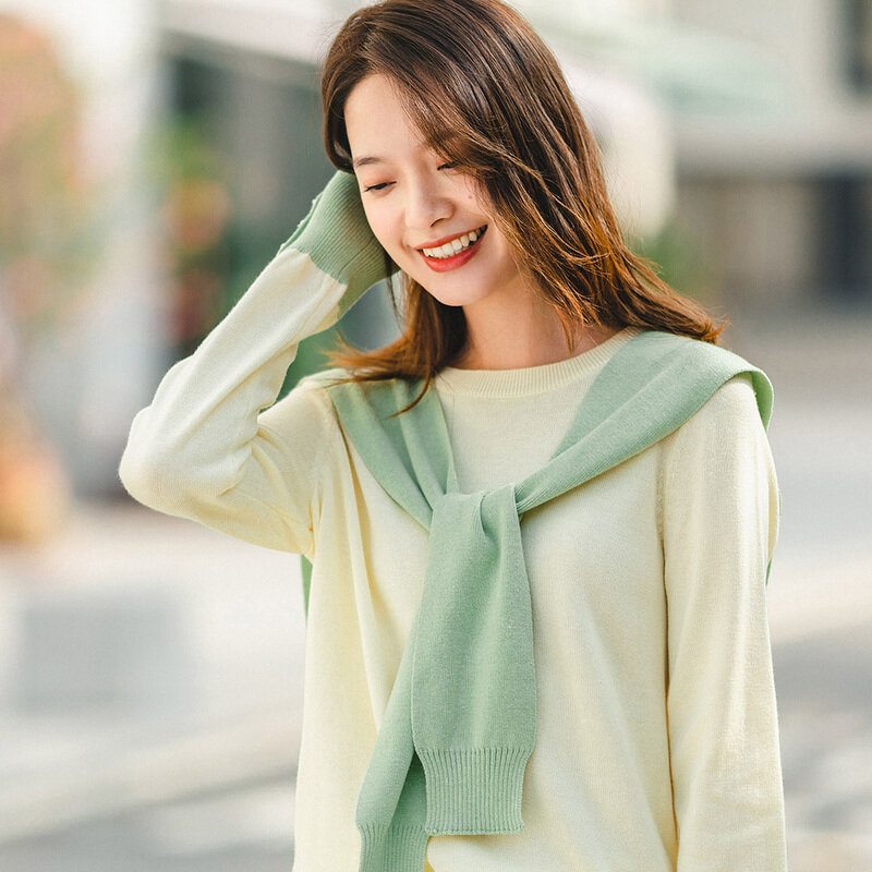INMAN-suéter de cuello redondo para mujer, Jersey holgado, elegante, literario, con diseño de chal de contraste de Color, para otoño y primavera