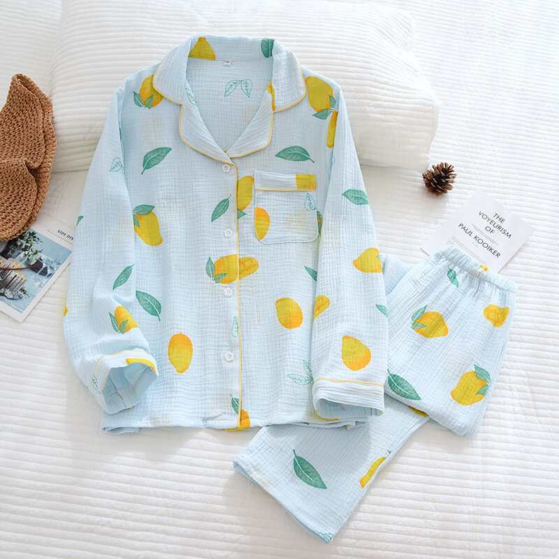 Spring/Autumn Pajamas Set Women Pure Cotton Crepe Fresh Mango Long Sleeve Sleepwear for Ladies Loose Comfy Thin Summer Home Wear