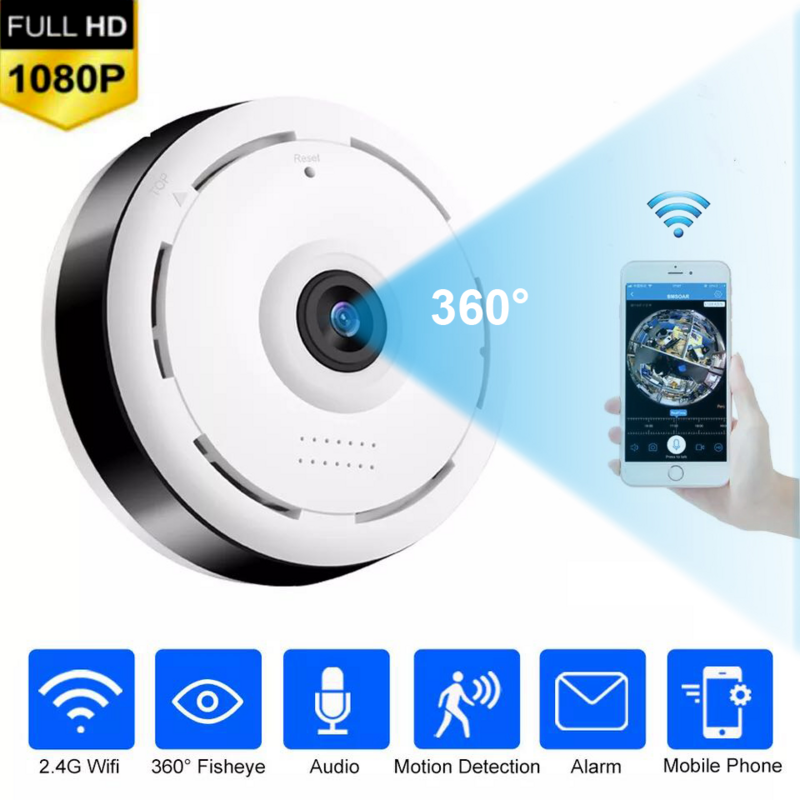 Fisheye – Mini caméra de Surveillance panoramique IP Wifi HD, dispositif de sécurité d'intérieur sans fil, avec Audio bidirectionnel et Vision nocturne, 360