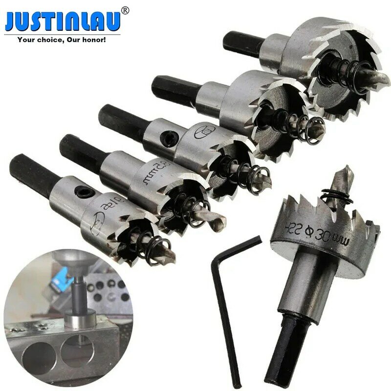 JUSTINLAU 5pcs/set 16-30mm Hole Saw Cutter Drill Bit Set HSS Hole Saw Drill Sheet Metal Reamer with Wrench