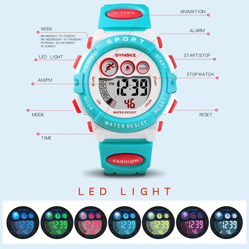 Часы SYNOKE детские электронные, водонепроницаемые яркие светодиодные, цифровые для мальчиков и девочек, подарок, 50 м