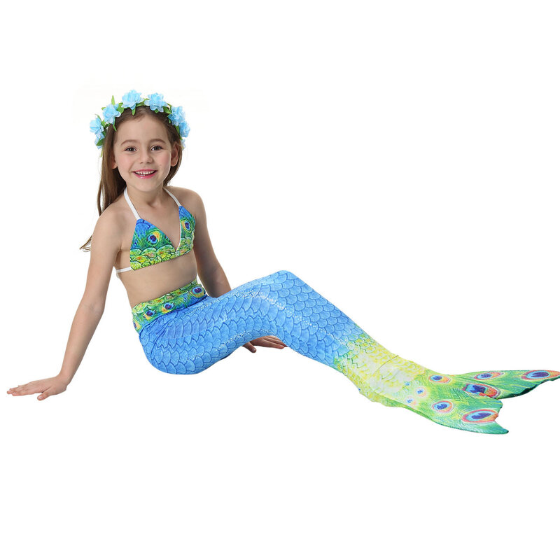New! Children Swimming Mermaid Tail Bikini Set Can Add Monofin Flipper Halloween Costume Cosplay Swimsuit Bathing Suit for Girls