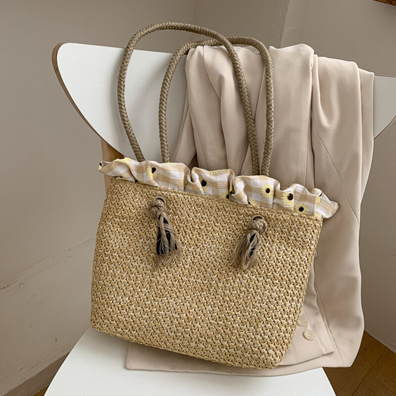 새로운 꼰 라피아 파우치 비치 가방 여성용, 패션 여름 밀짚 가방 토트 숄더 백 대형 위커 짠 핸드백 여성 2022