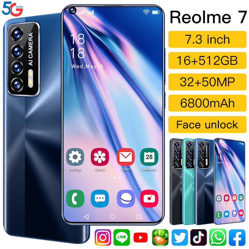 2021 Hot Koop Smartphone Reolme7 Global Versie 7.3 Inch Scherm 16G 512G Snapdragon 888 32MP 50MP Camera Gezicht id 6800Mah Batterij