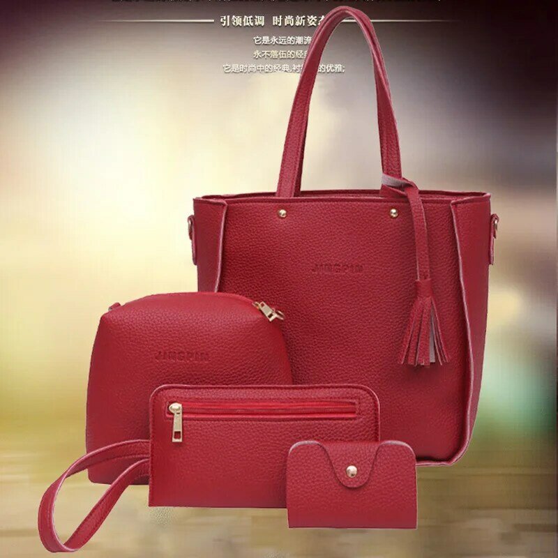 4pcs/Set Women Composite Bags Litchi Leather Tassel Crossbody Shoulder Bag 2022 Fashion Female Messenger Handbags Clutch Bags