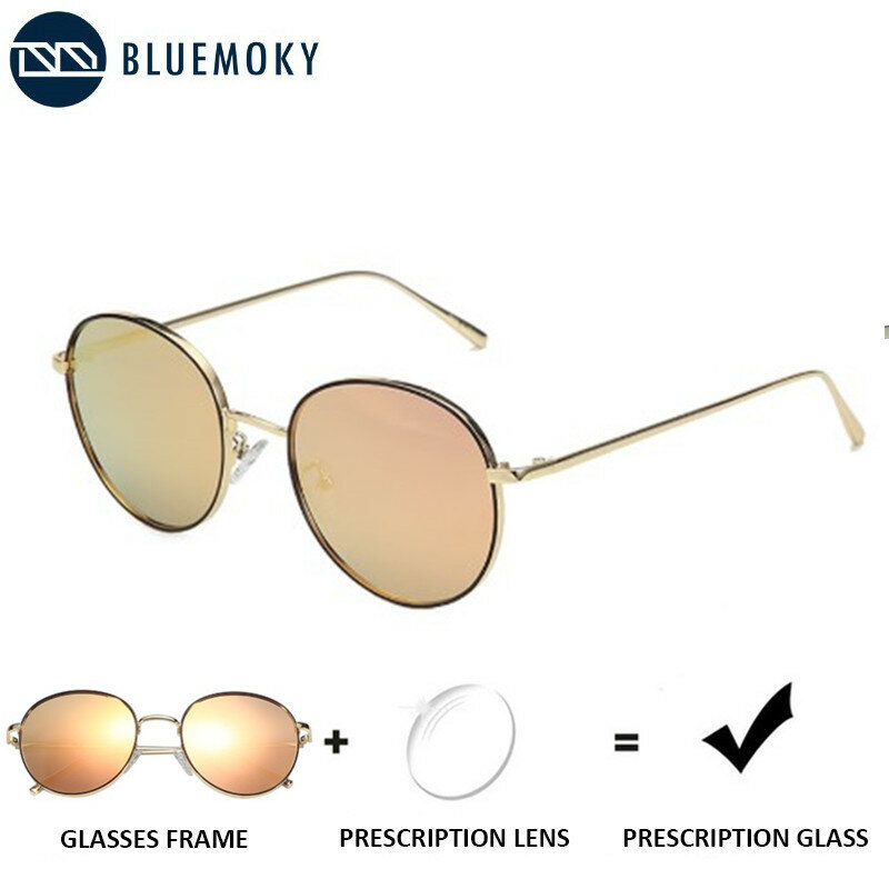 Bluemoky polarizado prescrição óculos de sol feminino metal retro redondo uv400 polaroid óculos de sol diopter esportes condução eyewear