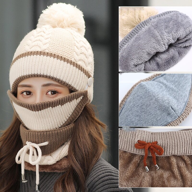 Women Winter 4Pcs Plush Lined Beanie Hat Scarf Face Mask Touch Screen Gloves Set 