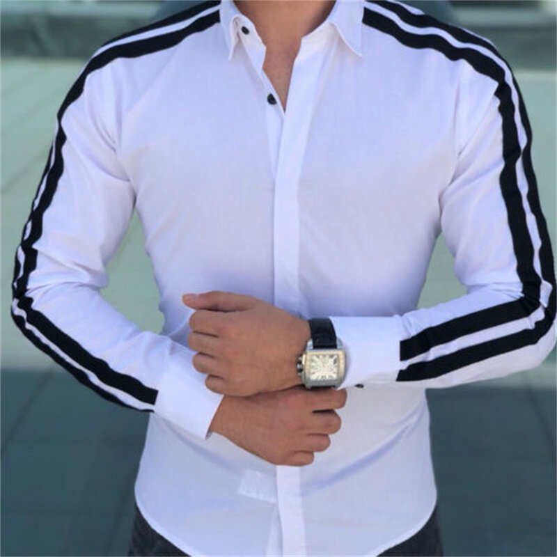 Camisas de negocios de manga larga para hombre, chaqueta ajustada a rayas con apertura de botones, Top transpirable con cuello levantado, retales