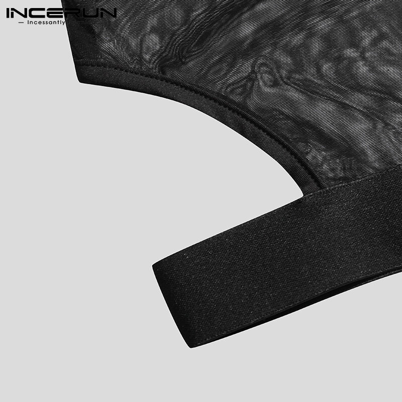Nowe męskie pajacyki Homewear jednokolorowy oddychający kombinezon z siatką seksowny wypoczynek nieszczelny Sling bez rękawów body S-5XL