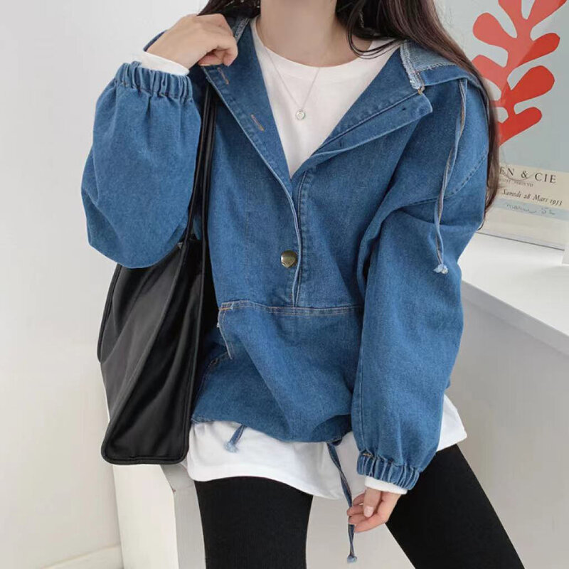 Autumn Ladies Clothes 2021 Loose All-match Hooded Denim Sweater Women's Big Pocket Drawstring Pullover Blouse Jacket Fashion New