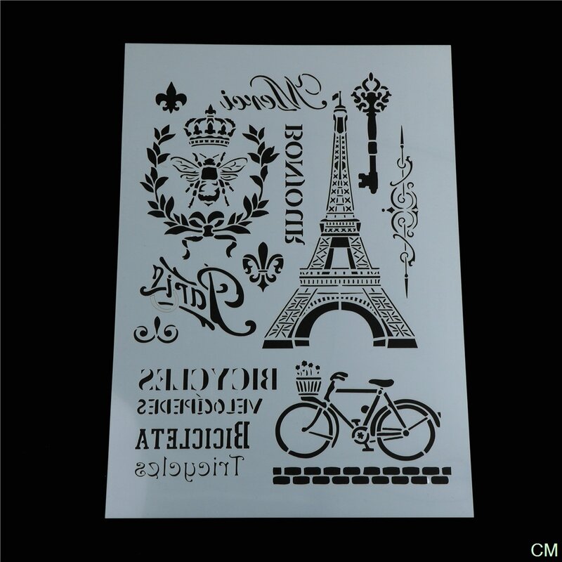 DiyCraft Stensil Halus untuk Lukisan Dinding Scrapbooking Cap Album Dekorasi Embossing Menara Eiffel Sepeda Kertas Peta Templat