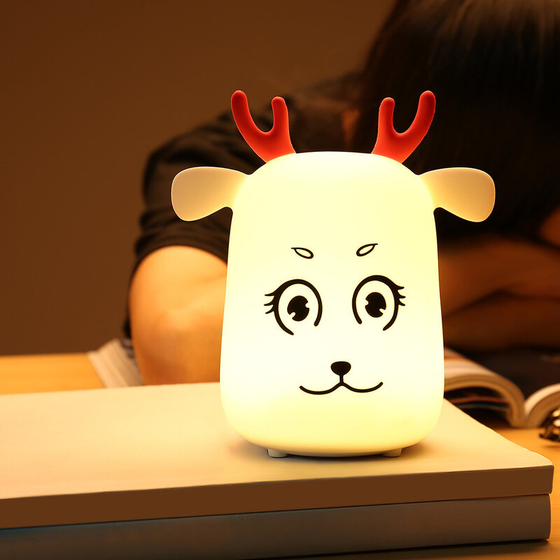 LED Rechargeable Silicone Deer Night Light Tap Control Bedroom Home Decor Novel Cute Lamp Kids Gift
