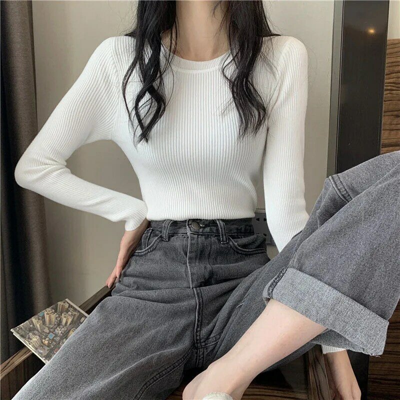 Women's new knitted shirt top of sleeve long-sleeve casual-neck fashion thin-fit women tightly knit shirts pullovers tops