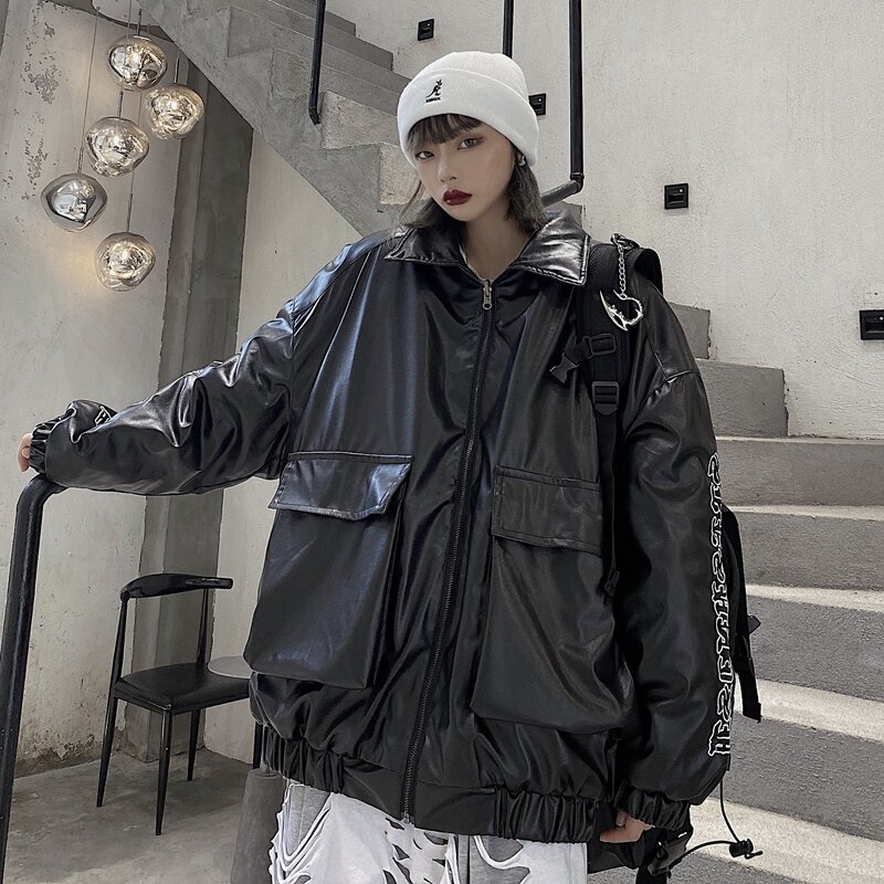 Harajuku Loose Full Sleeve Coat Keep Warm Lambswool Black PU Letter Design Zipper Jacket Vintage Tooling Thicken Cotton Clothes