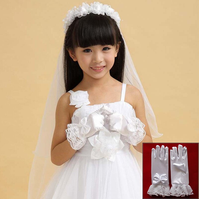 Menina festa branco crianças acessórios proteção comunhão noiva casamento dedo cheio luvas de renda