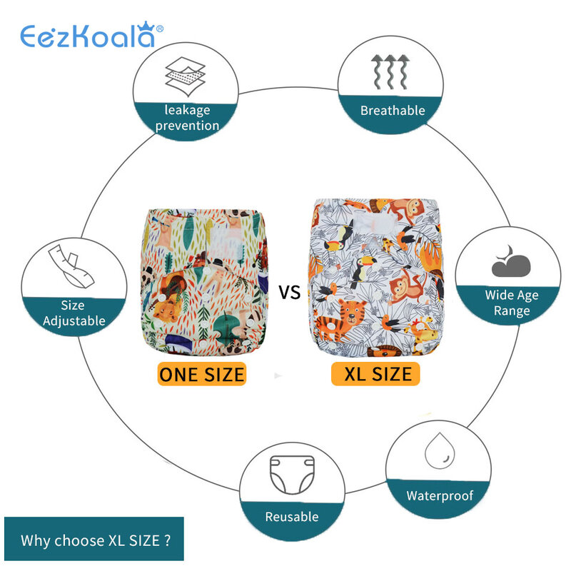 EezKoala 친환경 빅 사이즈 XL 천 기저귀, 세척 가능한 조절식 기저귀, 재사용 가능한 천 기저귀 커버, 2-5 세 아기용