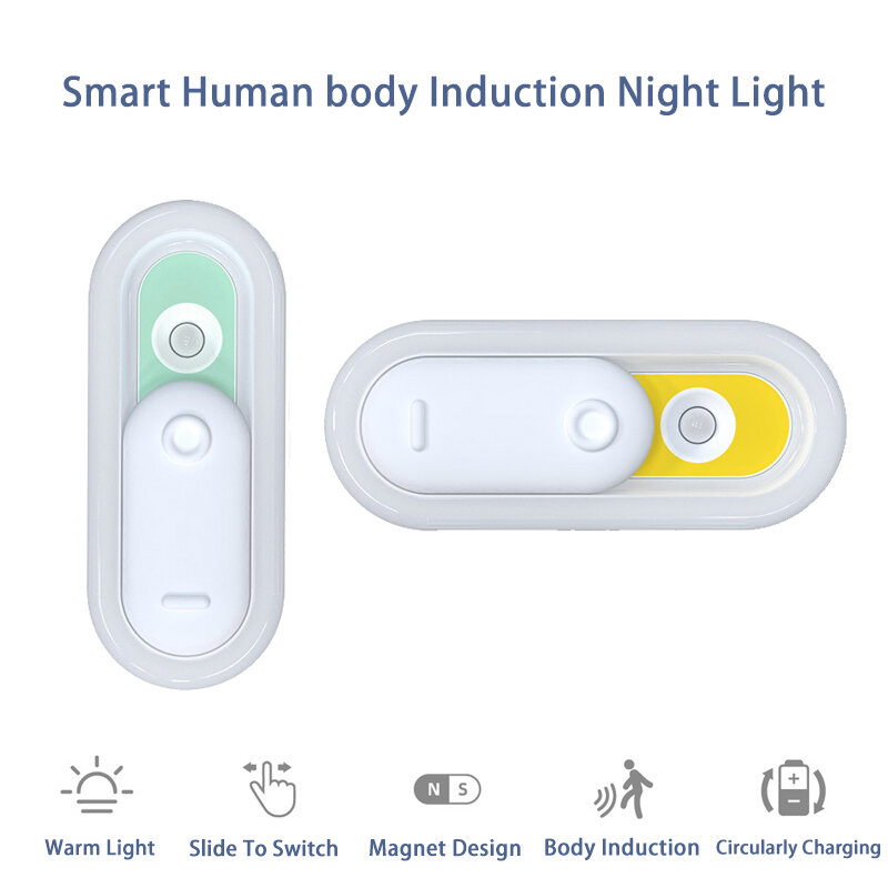Luz noturna inteligente sensor de corpo humano lâmpada indução magnético led luz usb recarregável gabinete parede luz para casa quarto