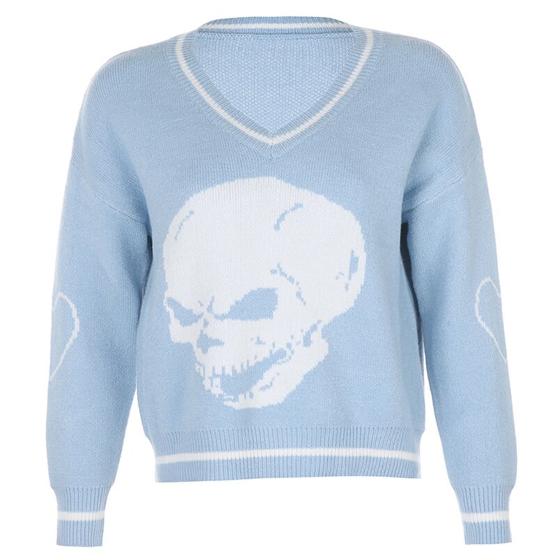 Damski sweter w szpic z długim rękawem w paski wzór czaszki niebieska luźna dzianina topy X3UE
