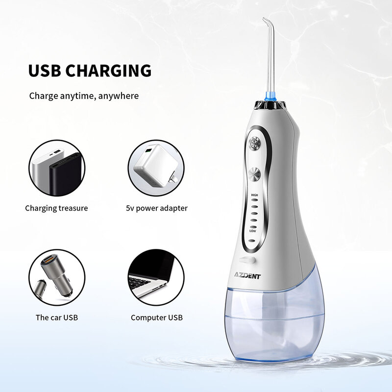 AZDENT Portable Cordless Electric Water Oral Dental Irrigator Flosser USB Rechargeable Teeth Cleaner 5 Modes IPX7 Waterproof