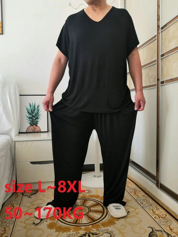 7XL 8XL 50-170KG Set Piyama Pria Musim Panas Set Pakaian Rumah Modal Lembut Kasual Pakaian Tidur Lengan Pendek Atasan dan Celana Panjang