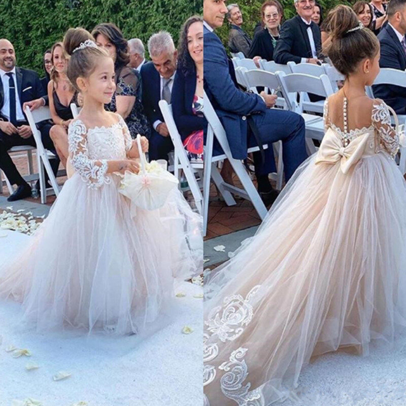 Gaun Gadis Bunga Tulle Klasik dengan Applique Renda Busur Lengan Panjang untuk Gaun Pesta Ulang Tahun Pernikahan Gaun Komuni Suci Pertama