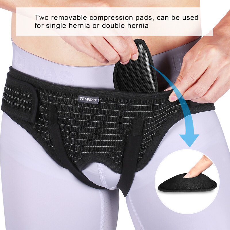 VELPEAU Hernia Belt Truss for Inguinal or Sports Hernia Support Pain Relief Recovery Strap with 2 Removable Compression Pads