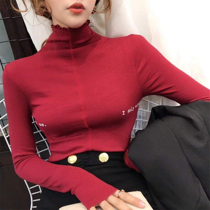 2019 Autumn and Winter Trendy European Slim Fit Versatile Top Frilled Half Turtleneck Bottoming Shirt Female Inner Wear Long