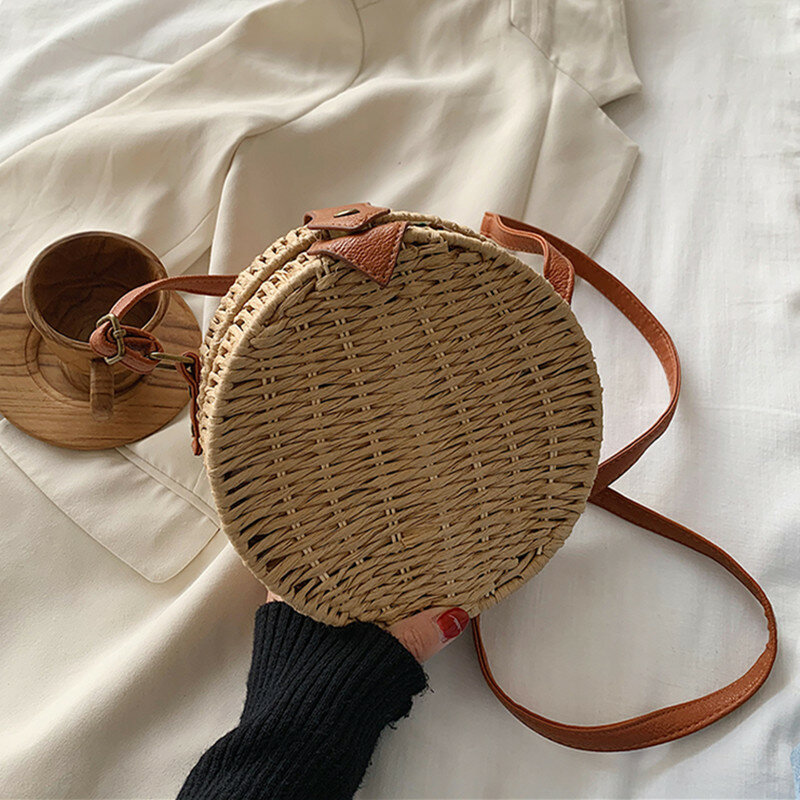 Женская круглая соломенная сумка DikizFly, маленькая соломенная сумка из ротанга, пляжная сумка через плечо, 2019