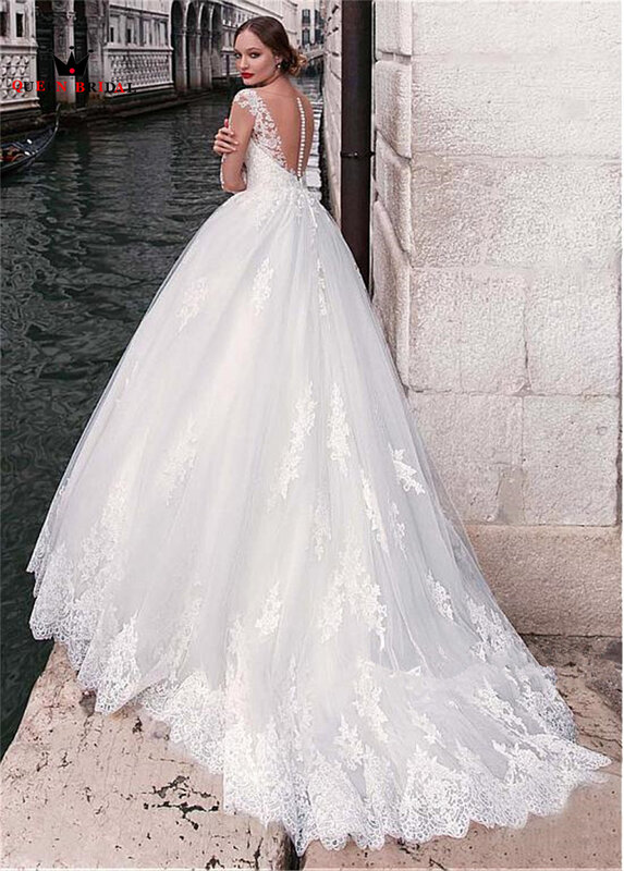 Linia pół rękawa suknie ślubne tiulowe koronkowe aplikacje długa formalna elegancka suknia ślubna 2022 nowy projekt Custom Made DS117
