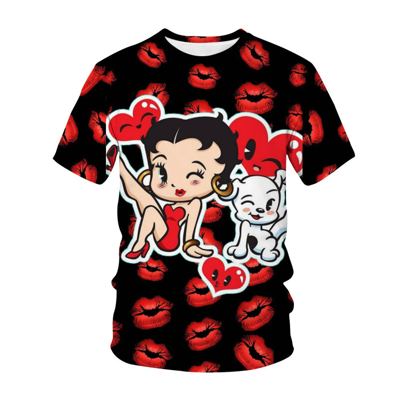 Camiseta de verão da menina dos desenhos animados betty boop-s bonito 3d impresso streetwear moda oversized masculino e feminino hip-hop esportes t camisa