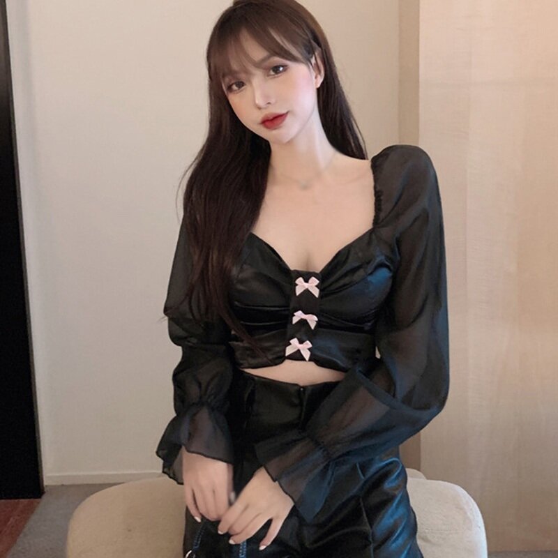 Korea Fashion Wanita Seksi V Leher Blus Terkena Pusar Pendek Blus Wanita Lengan Panjang Shirt Tops