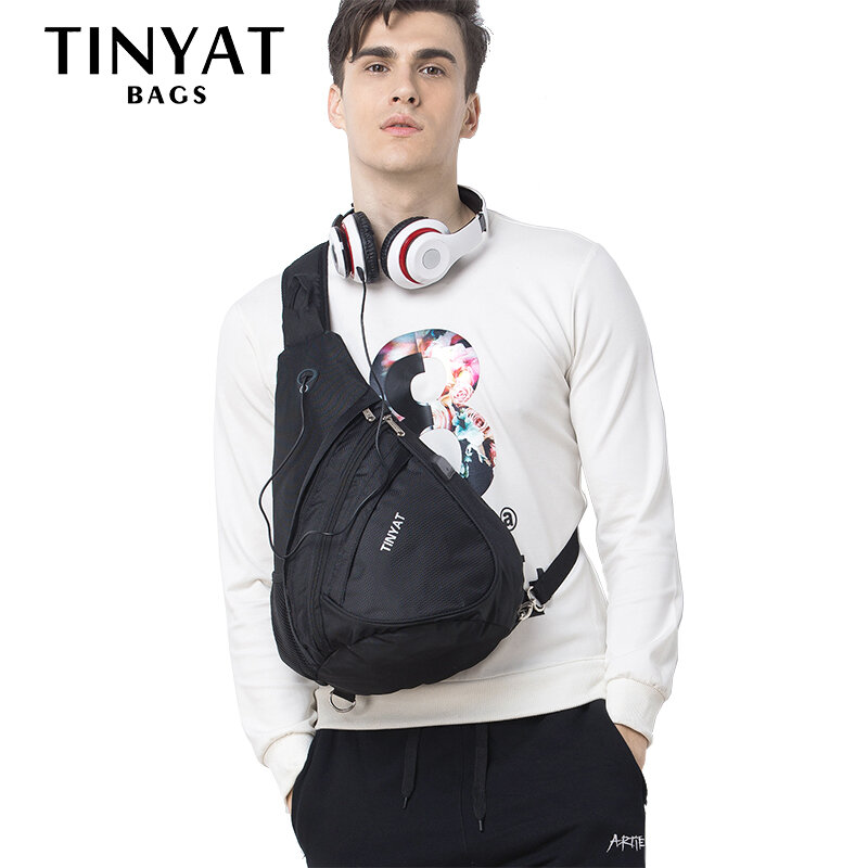 Bolsa de peito masculina casual, bolsa triangular de ombro com interface de carregamento usb para homens
