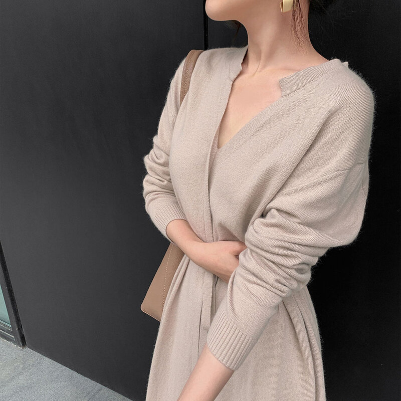 Fashion Women's Clothing Solid Color Long Sleeve V-neck Casual Knitted Dress Autumn Winter Knitwear Sweater Long Dress Vestidos