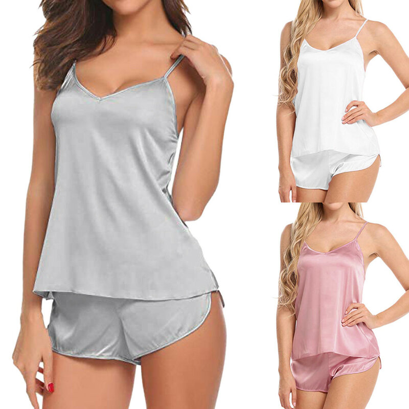 Women Sleepwear Summer Solid Pajama Set V-neck Silk Satin Sleeveless Sexy Casual Female Pijama Home Wear Shorts Nightwear