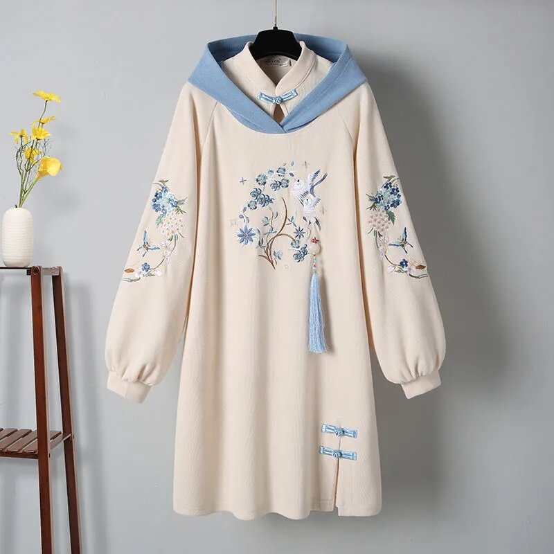 Chinesischen Stil Winter Hanfu Kapuzen Pull Stich Sweatshirt Verbesserte Moderne Kleid frauen Street Fashion Anzug Retro