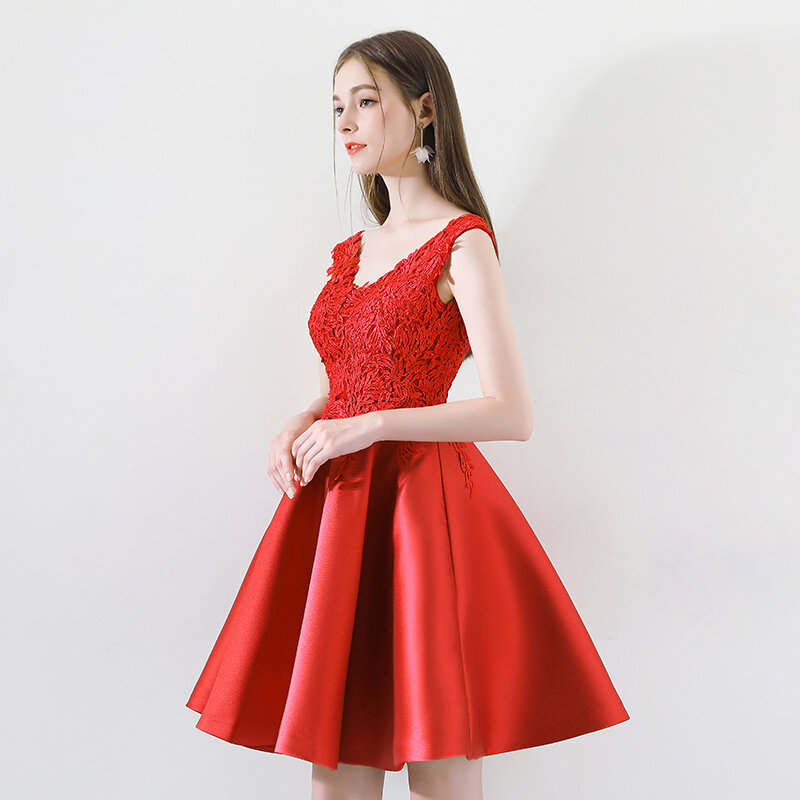 2019 봄 새로운 패션 여성 동창회 드레스 민소매 섹시한 v 넥 백 레이스 업 아플리케 댄스 파티 드레스, 고급 패션