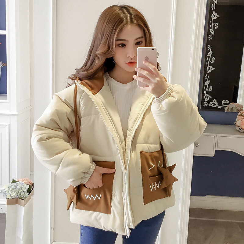 Casaco engrossado contraste cor para baixo casaco novo estilo coreano estilo preppy com capuz para baixo feminino tamanho super instagram