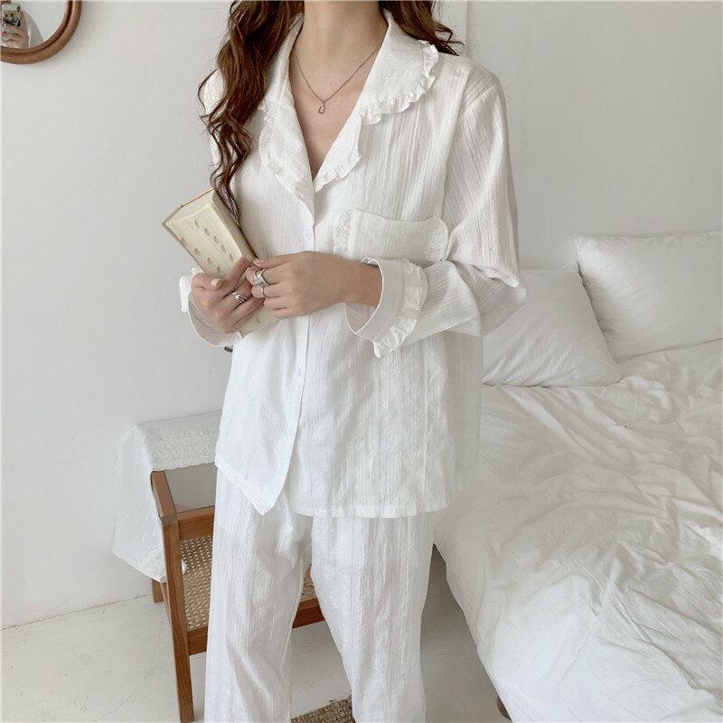 3 Warna 100% Katun Baju Rumah Wanita Lengan Panjang Blus Ruffle Celana Longgar 2 Potong Set Pakaian Rumah Pakaian Tidur Piyama Set