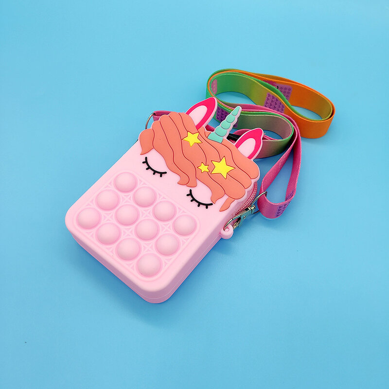 แฟชั่น Fidget ของเล่นฟอง Push Toy Rainbow Unicorn กระเป๋าสตางค์เหรียญกระเป๋าสุภาพสตรี Silica ง่าย Dimple Crossbody