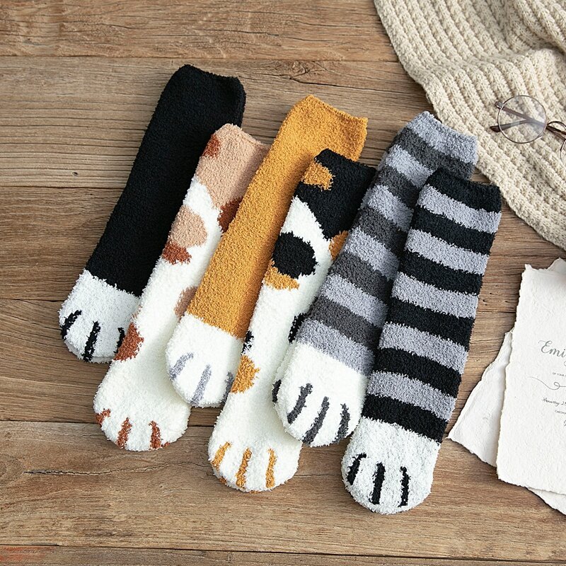 Plush Coral Pile Middle Tube Socks Lovely Cat's Paws in Autumn and Winter Thick Warm Sleeping Floor Sleeping Women's Socks