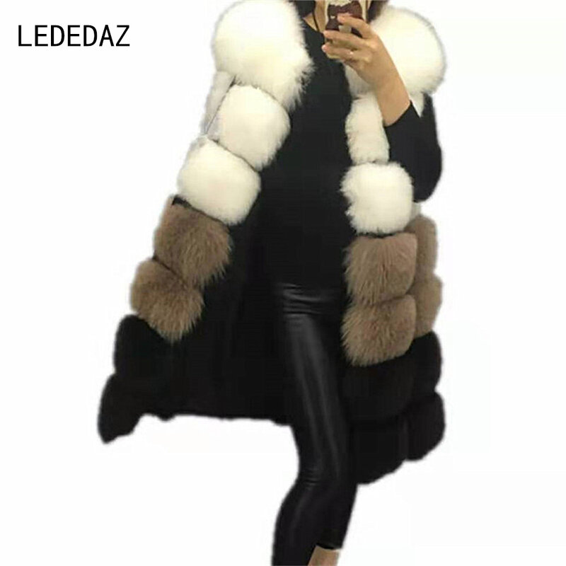 Faux Fox Fur Vest Ladies Long Elegant Patchwork Fur Coat Jacket Slim Fur Vest Warm Women Plus Size Sleeveless Fake Fox Fur Coat