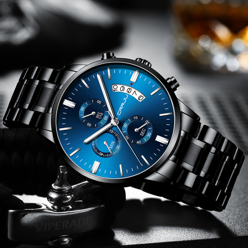CRRJU Jam Tangan untuk Pria Chronograph Bisnis Top Brand Mewah Gerakan Kuarsa Jepang Tahan Air Kalender Wrist Watch