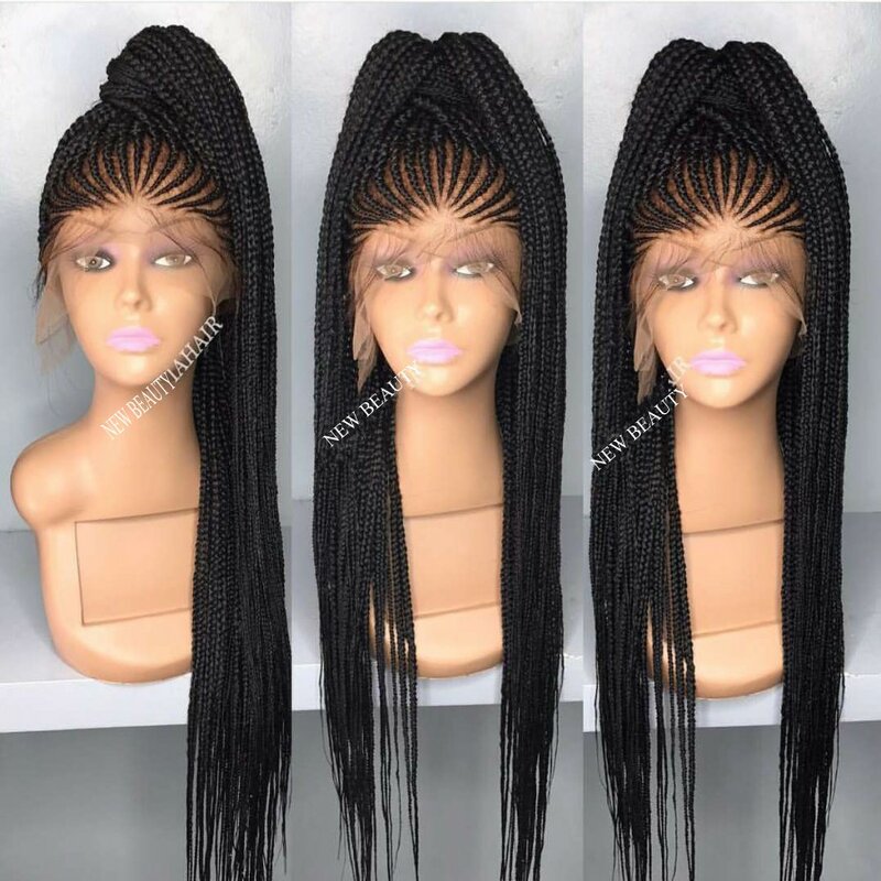 Cor preta laço frontal tranças de cornrow peruca micro caixa tranças peruca áfrica americano estilo feminino sintético tranças peruca frente do laço