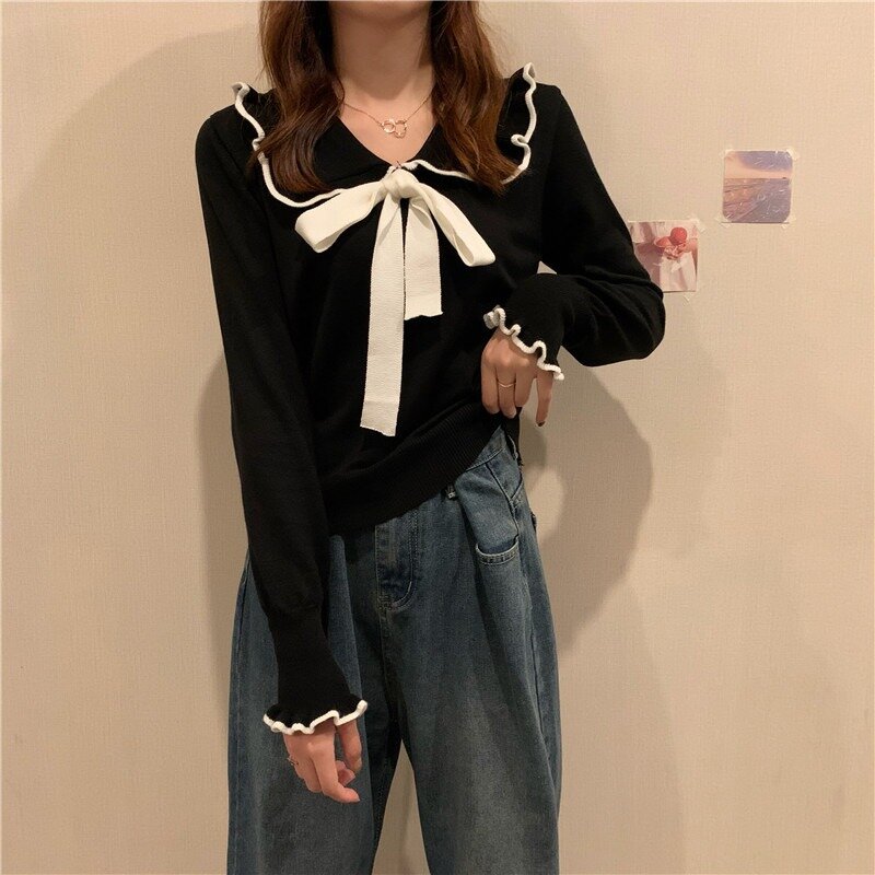 Western Style White Knitwear for Women 2020 Autumn and Winter New Stringy Selvedge Lace-up Bow Top Long Sleeve Bottoming Shirt