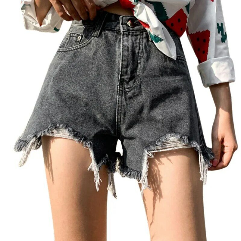 Women Vintage Korean Version Shorts Retro High Waist Loose Wild Hole Denim Shorts Summer Wear