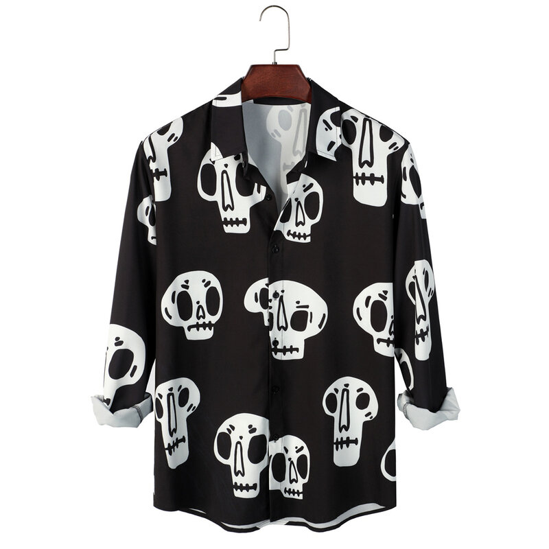 Camisa Negra de manga larga para Hombre, Camisa informal con estampado de calavera para la playa, hawaiana, Vintage, de gran tamaño, Otoño, nueva